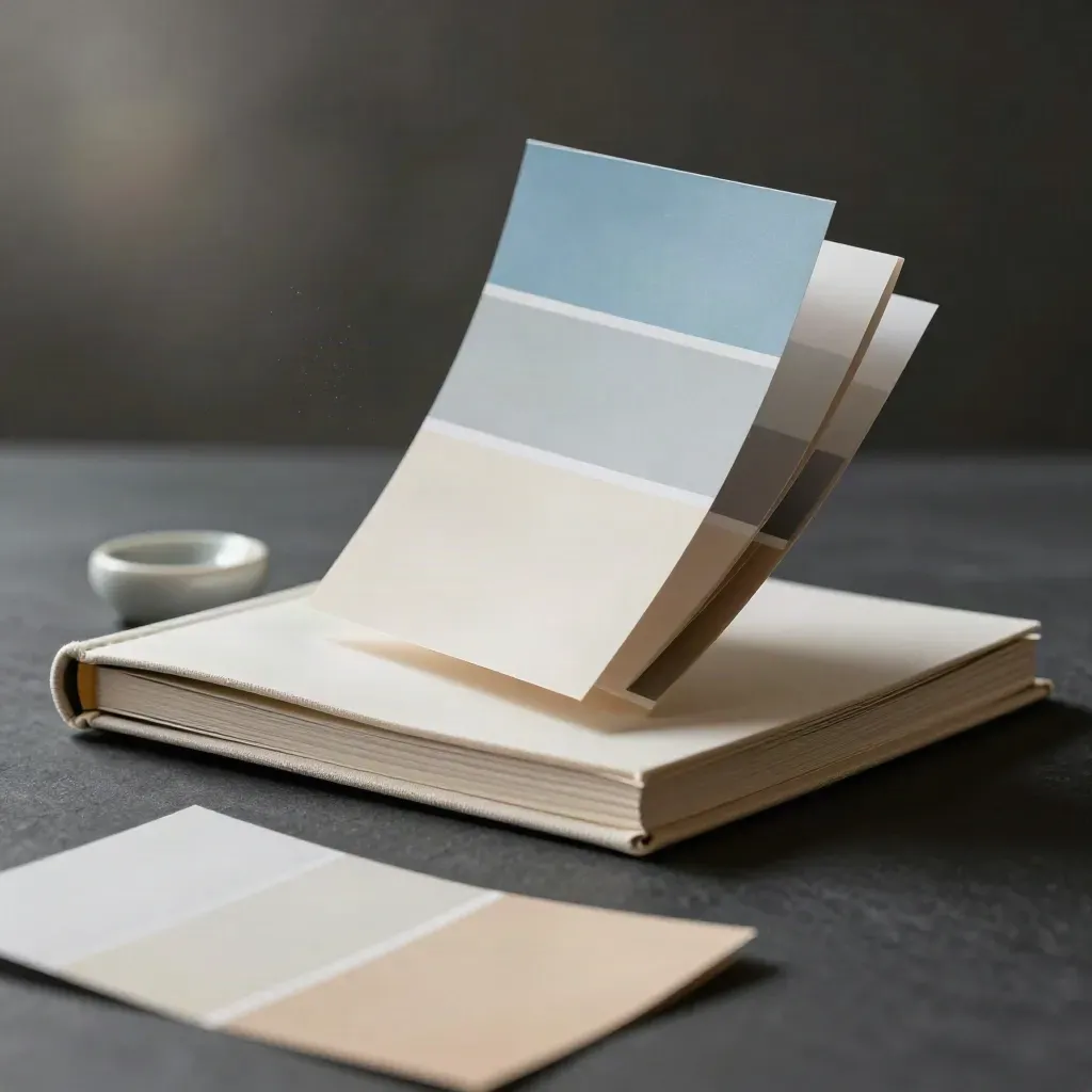 Off-white strategy binder with drifting swatches, paper samples and a ceramic paperweight in dramatic light.