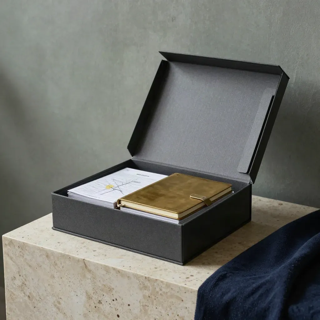Charcoal growth audit kit with folders, notebook and box on rain-damp stone in cool studio light.