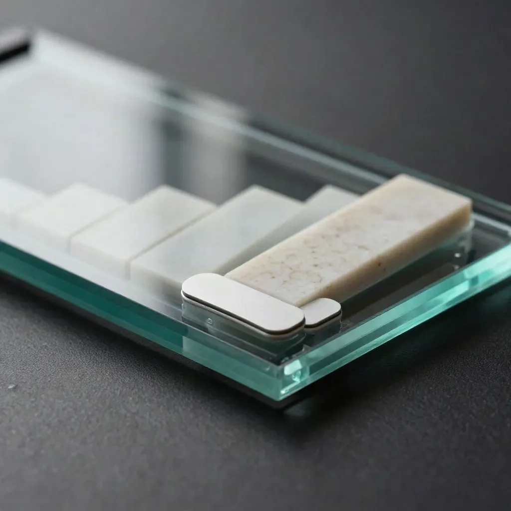 Glass KPI dashboard slab with glowing bars, console puck and tabs in a dark studio