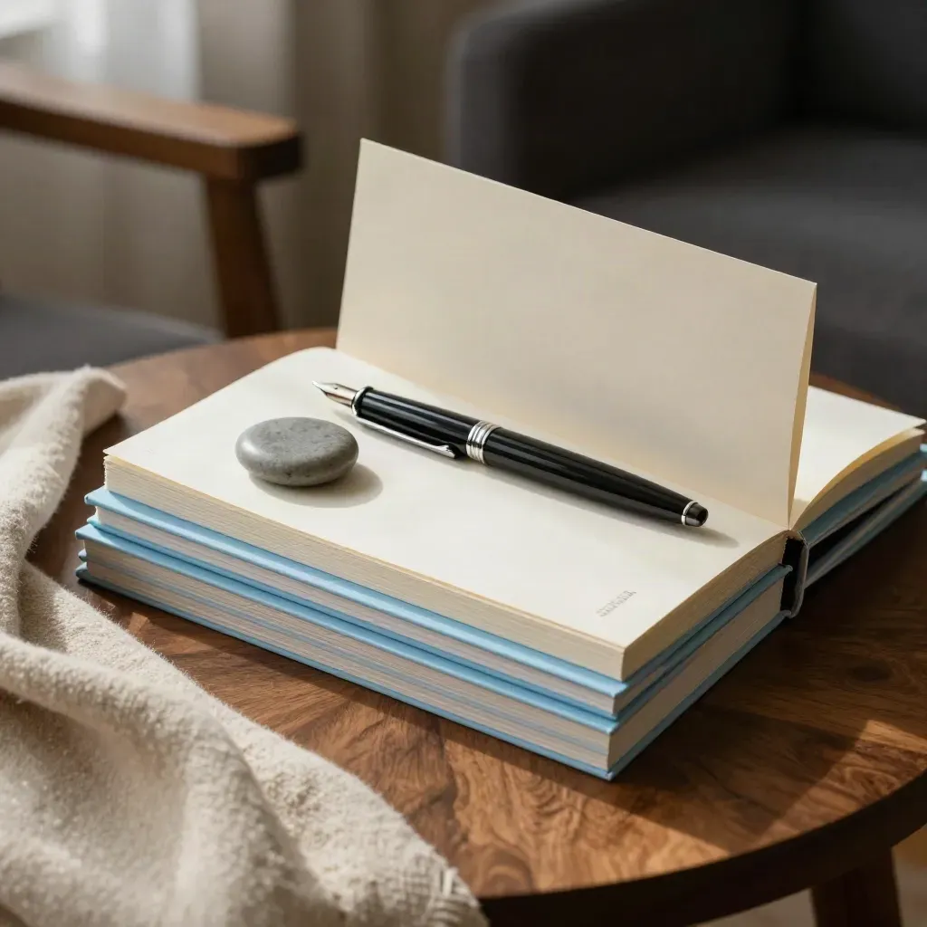 Booklets bundled on a walnut table beside wool throw and chair in soft daylight