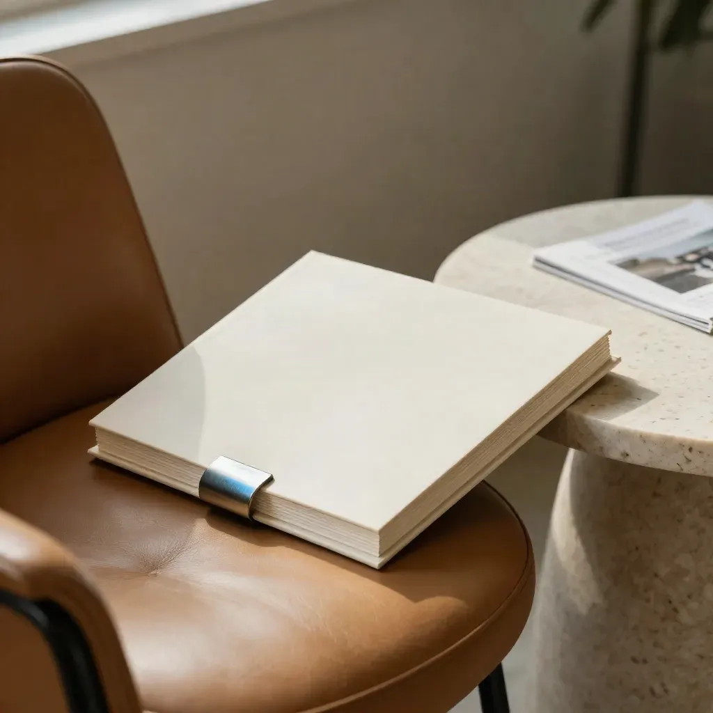 Pitch-deck fix sleeve half-open on a leather chair beside a travertine side table.