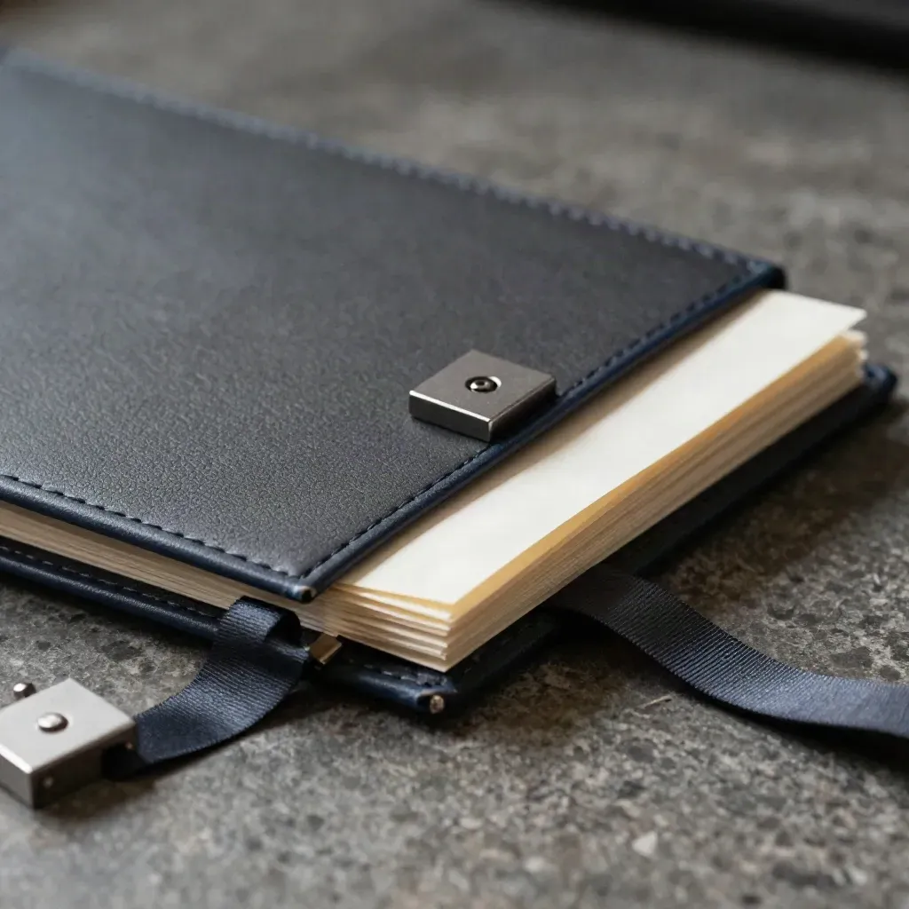 Macro of a launch-checkup kit with a folder seam, folded notes, a calibration block, and a band