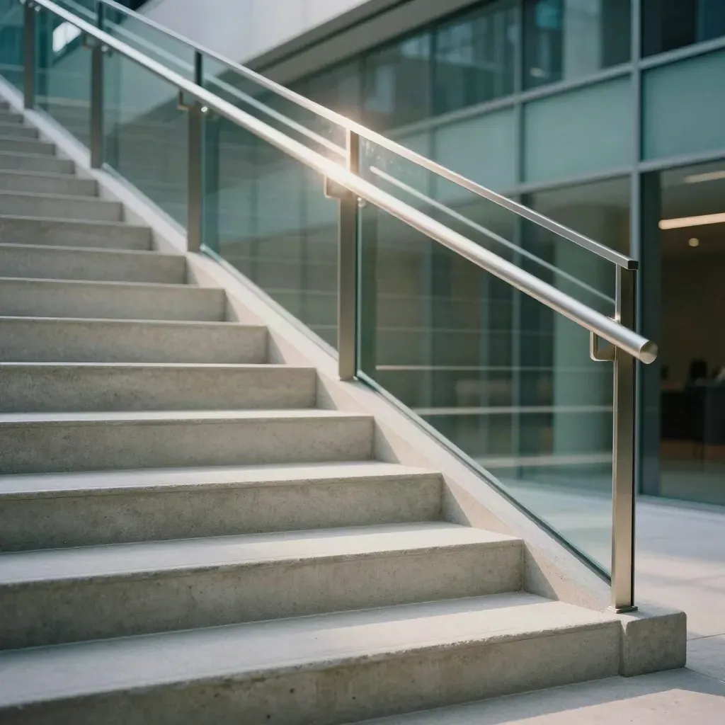 Concrete stair landing with steel rail, glass volumes, and sunlit haze