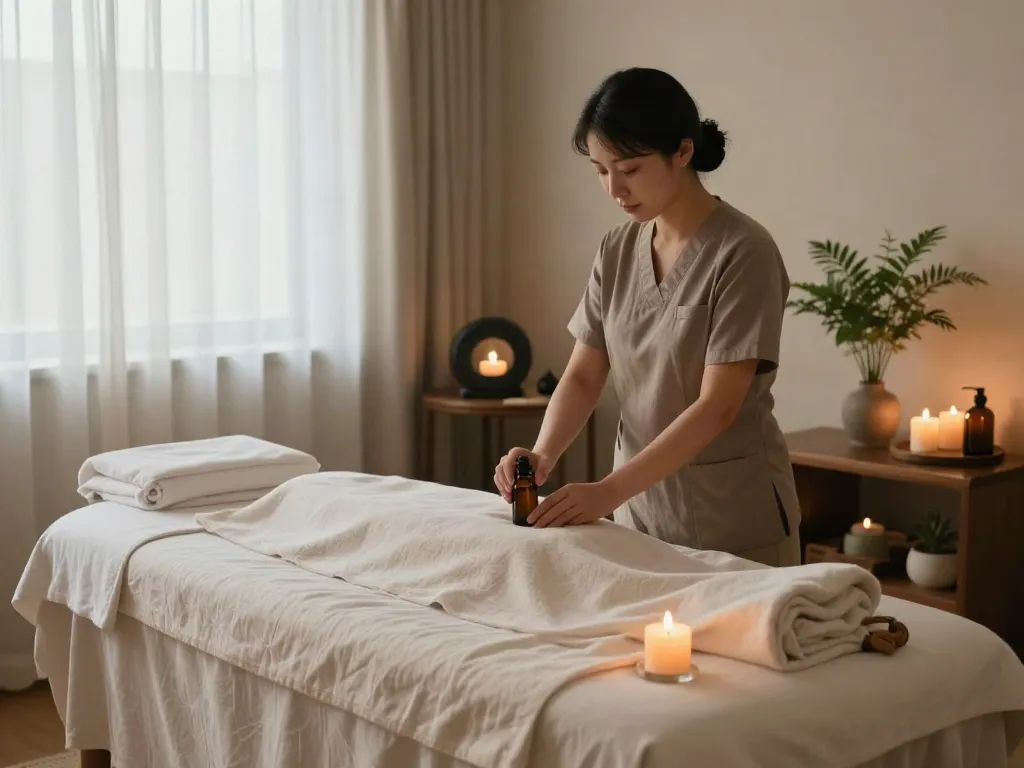 Tranquil private massage room setting highlighting 수지출장마사지 with soothing candles and elegant decor.